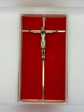 Vintage Brass Tone Wall Crucifix Cross with Jesus Corpus INRI in Original Box